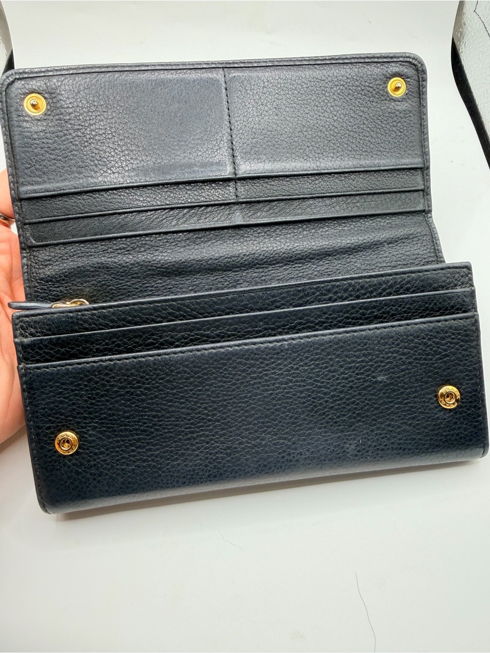 AUTHENTIC Prada Navy Blue Long Wallet with Gold Logo - Picture 5 of 13